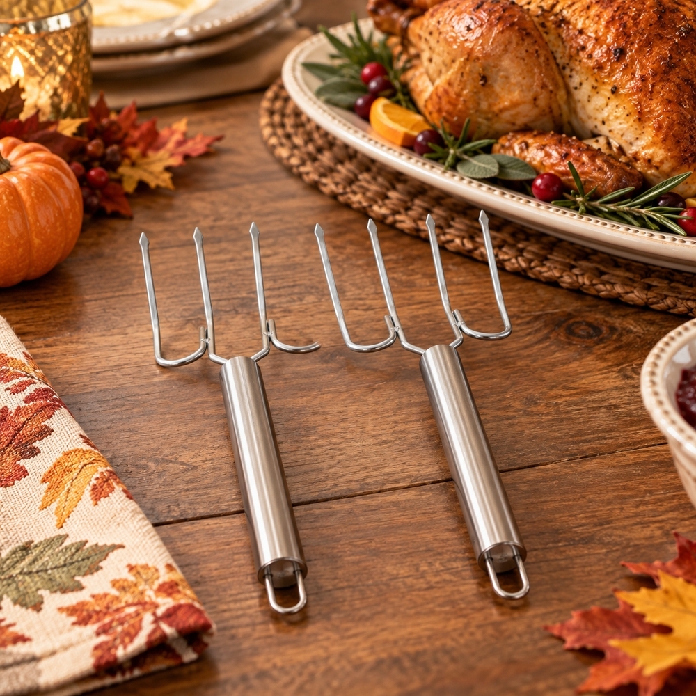 Stainless Steel Turkey Poultry Lifter Forks Pair Roast Carving BBQ NWOT